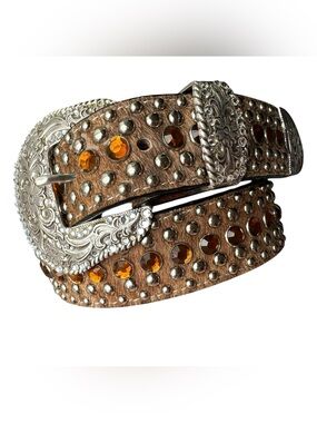 Studded Hair-on Leather Western Belt Ornate Silver Buckle Amber Colored Gems